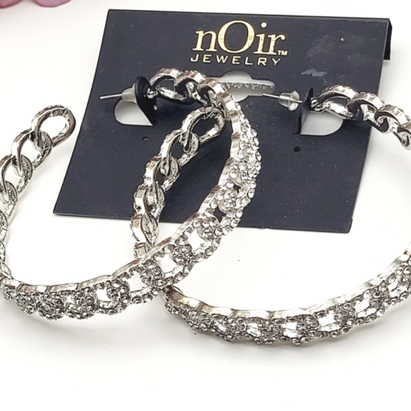NWT nOir Jewelry large silver plated hoops inlaid rhinestones post earrings $128 - Picture 6 of 14